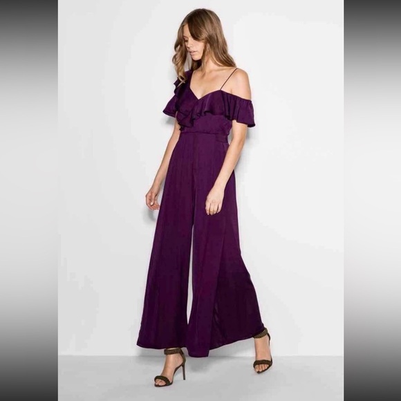 NEW Sheike Matrix Jumpsuit Plum Sz 6 Wide Leg Slit Ruffle Chic Silky Cocktail - Picture 1 of 10
